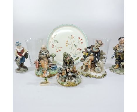 A collection of four Capodimonte figures, together with another, a Goebel figure, two glass vases and a Limoges dish, 39cm