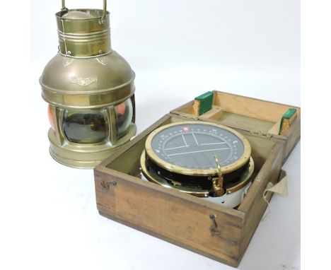 A brass ship's compass, stamped Type P10, 19cm diameter, in a wooden case, together with a ship's Port/Starboard lantern