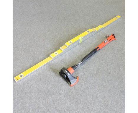 A fibreglass axe, together with a log splitter and four levels