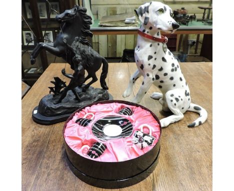 A painted metal model of a horse, 41cm tall, together with a Country Artists model of a dalmatian, and a modern tea set, boxe