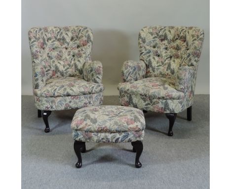 A pair of floral upholstered button back armchairs, together with a foostool