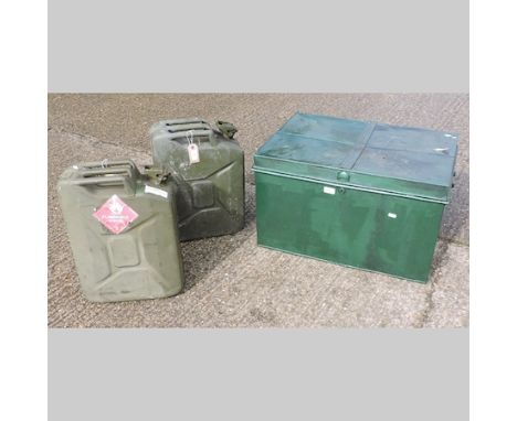 A 20th century tin trunk, 68cm, together with two jerry cans and a shop sign