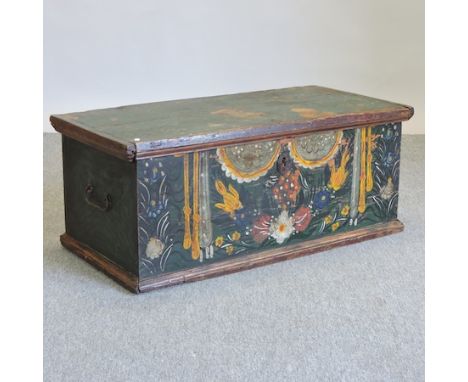 A 19th century green and floral painted pine trunk, 96cm