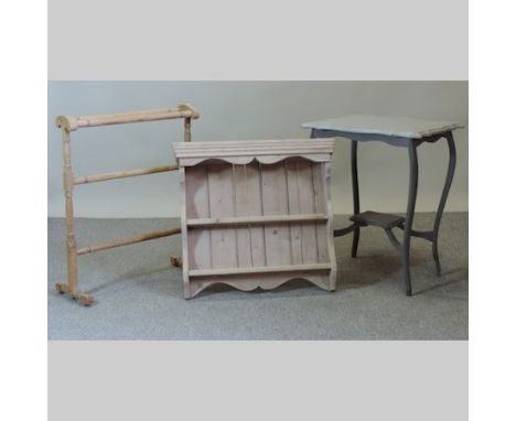 A Victorian pine wall shelf, 70cm, together with a towel airer and a grey painted occasional table