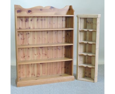 A modern pine open bookcase, 92cm, together with a Victorian pine open corner shelf