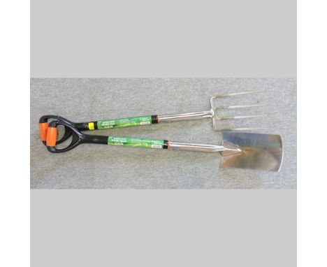 A stainless steel border fork and spade