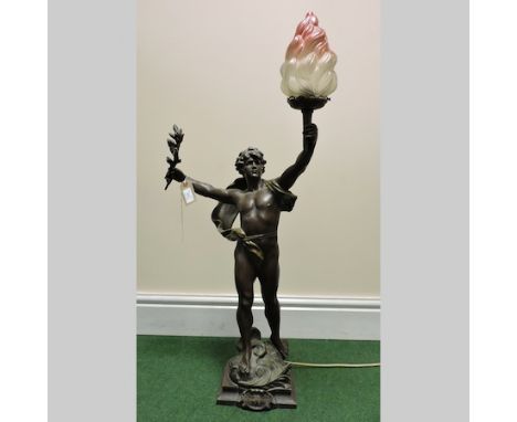 An early 20th century French spelter figural lamp, 'Le Triomphe', after Louis Moreaux, with a glass shade, 90cm tall