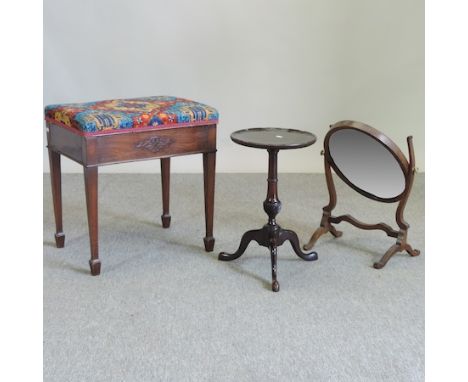 An Edwardian piano stool, together with a tripod table and a swing frame toiletry mirror