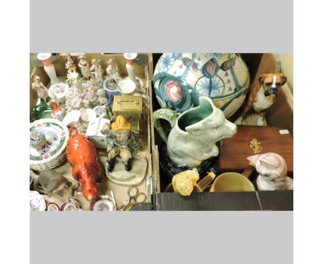 Two boxes of china, to include a Border Fine Arts Boxer dog, a large continental pottery jug, continental figures, together w