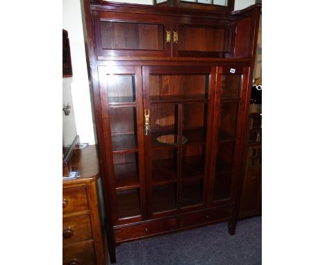 MAHOGANY CHINESE 20th  STYLE  DISPLAY CABINET WITH TWO BOTTOM DRAWERS &amp; OPEN TOP SHELF EST [£60-£120]]