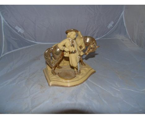 EICHWALD YELLOW WARE GILT&amp; GLAZED POTTERY FIGURE OF A BOY &amp; HORSE WITH A PIPE RACK EST [£25-£45]