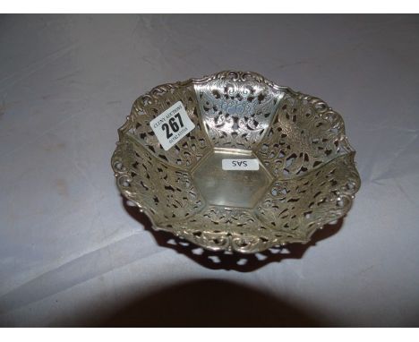 SILVER. POSSIBLY  DUTCH SILVER BON BON DISH 14 cm DIA DECORATIVE FRETWORK &amp; 1934 ENGRAVED INSET EST[£35-£70]