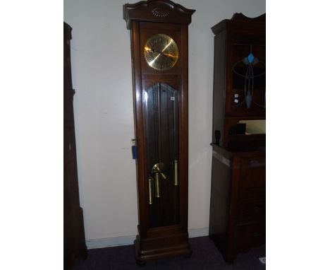 OAK LONG CASE CLOCK 20th c DESIGN WITH A GLASS DOOR TRIPLE BRASS WEIGHTS &amp; DIAL WESTMINSTER CHIME EST [£90-£180]