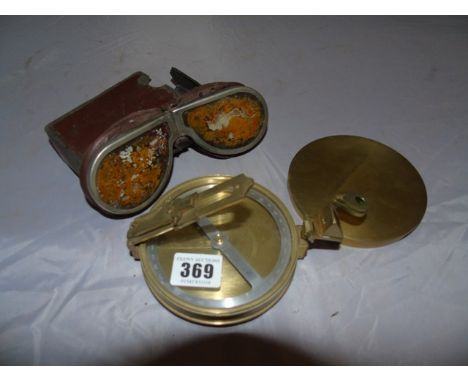 BRASS MILITARY COMPASS 10 CM DIA  &amp; VINTAGE GOGGLES EST[£20-£40]