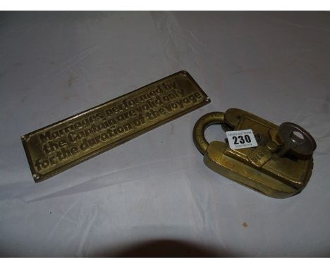 BRASS HEAVY DUTY PADLOCK BY REEVE &amp; TUCKER WITH BRASS SATIRICAL NOVELTY PLAQUE EST[£40-£60]