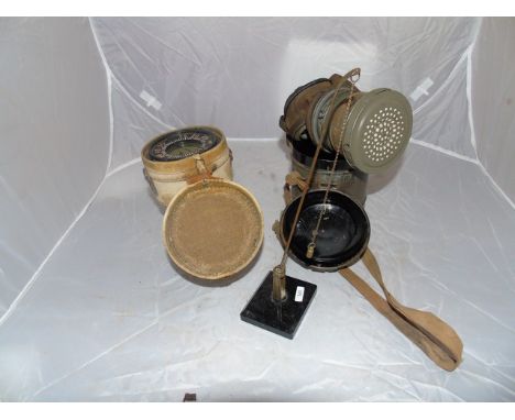 HAND COMPASS HOUSED IN A SAILMAKERS COVER ,GERMAN GAS MASK &amp; TIN EST[£25-£45]
