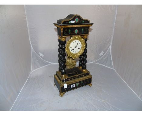 "PENDULES BREVETE S.G.D.G.PARIS"19TH CENTURY FRENCH EMPIRE PORTICO CLOCK EBONISED BARLEY TWIST PILLARS WITH A BRASS INLAY &am