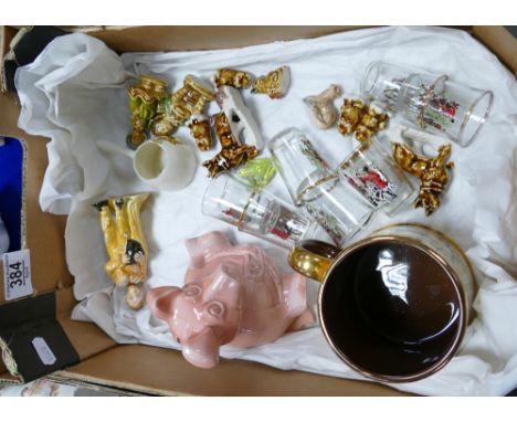 A collection of Wade pottery: including cellulose figure Tony, Whimsies, hunting tankard and glasses etc (some damages)