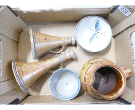 A collection of Studio Pottery items: Winchcombe Pottery Ara Cardew &amp; similar jugs and bowls together with 2 Le Don candl