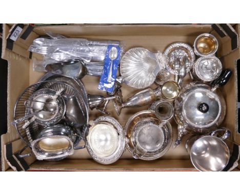 A mixed collection of items to include: Silver plated and similar ornamental items and cutlery (1 tray)