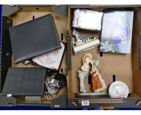 A mixed collection of items to include: cased cutlery sets, similar plated items, ceramic figures etc (2 trays)