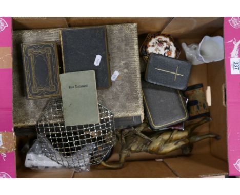 A mixed collection of items to include: 5 x bibles, silver plated fish cutlery, thimbles, Woods ware side plates x 5, hip fla