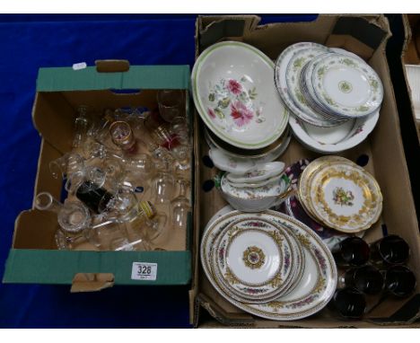 A mixed collection of items to include: Wedgwood, Royal Albert , Spode and similar side plates, glassware etc (2 trays)