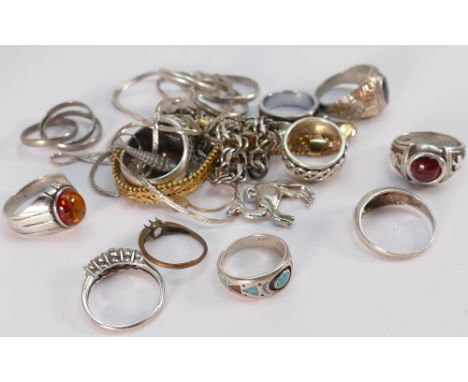 A collection of various silver jewellery: including rings, necklaces, bracelets, 102 grams.