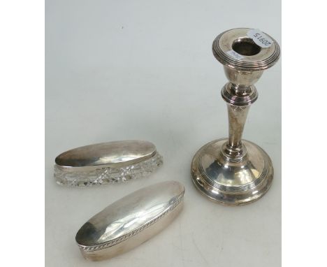 Silver oval trinket box and similar glass &amp; silver topped jar: Fully hallmarked. Weight 94.4g  weighable silver.  Togethe