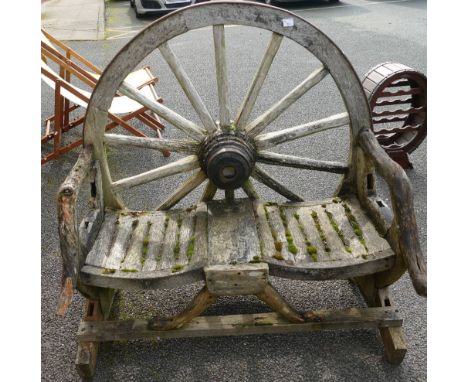 Mid 20th Century Garden Wagon Wheel Bench: width 115cm, height 121cm and depth 90cm