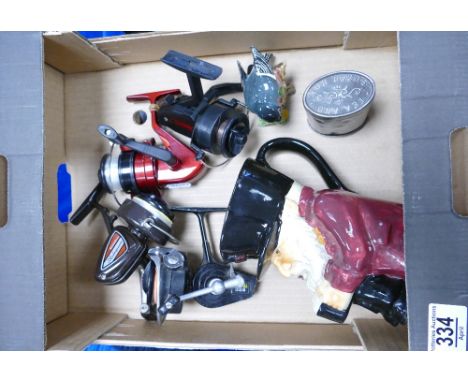 A mixed collection of items to include: Mitchell 324, Shakespeare 2002 &amp; similar fishing reels, Crown Devon Chelsea Pensi