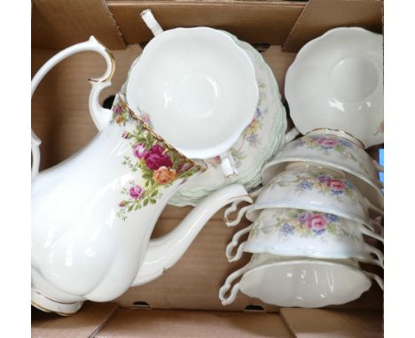 Royal Albert Colleen patterned double handled cups and saucers: together with lid less Old Country Rose Coffee pot