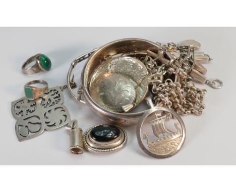 Collection of silver &amp; silver coloured metal jewellery: Gross weight 260.6g, includes bangles, chains, lockets and bracel