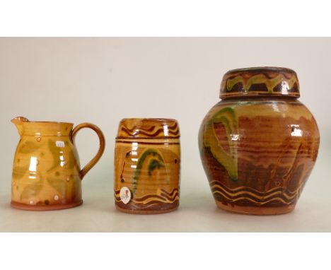 A collection of Studio pottery items to include: Clive Bowen Lidded Pot, similar smaller item &amp; Jennifer Hall Jug, height
