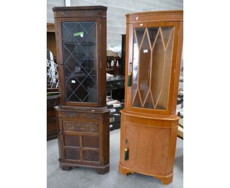 Oak Priory Style Glazed Corner Cupboard: together with similar lighter item(2)