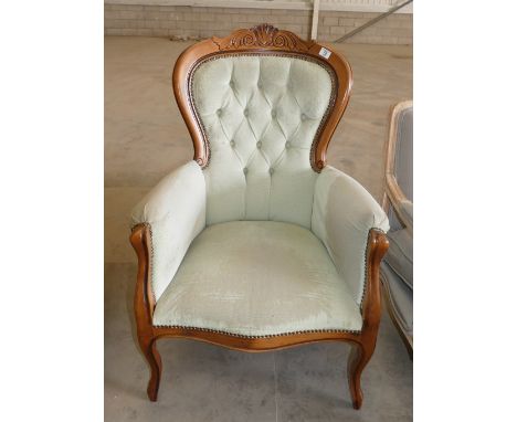French Light Oak Upholstered Distressed Arm Chair: