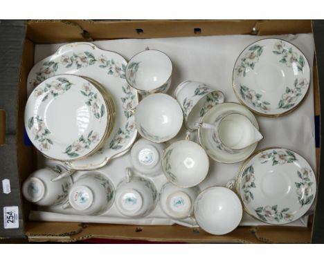 Crown Staffs Tea ware: 10 tea cups, 12 saucers, 12 small plates, milk, sugar and 2 x cake plates. (38) 