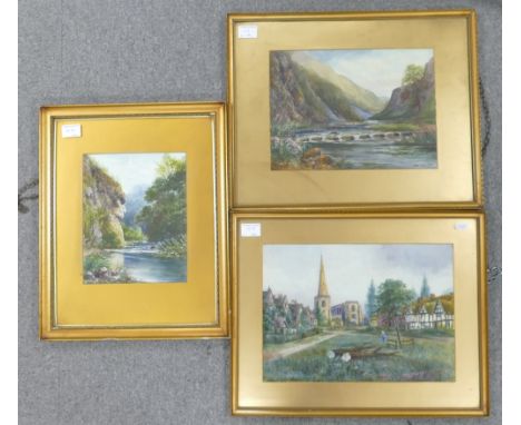 John Thorley three watercolours:  Astbury &amp; mountain / river scenes, largest measuring 27cm x 37cm excluding mounts &amp;