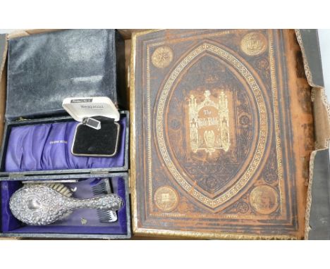 A mixed collection of items to include: Silver Brush Set, early bible, gentleman's travel kit, Wedgwood Pendant etc 