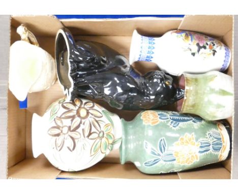 A mixed collection of item to include: large black Fireside cat, continental vases, Moore Broths Commemorative Jug etc 