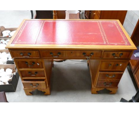 Modern Light Oak Small Pedestol Desk: red leathered top