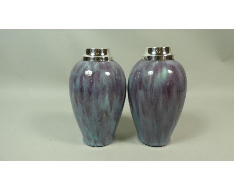 A Pair of Early/Mid 20th Century Ceramic Vases with Stepped Silver Rims, London Hallmark 1919 