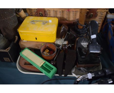 A Tray Containing Cash Tin, Cigar Box, Hole Puncher, Table Lamp. Dice Together with a Picnic Basket and Contents 