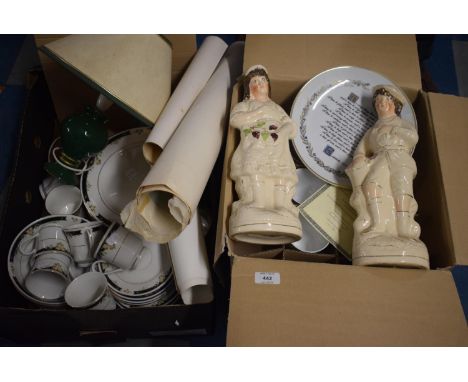 Two Boxes of Ceramics to Include Figural Ornaments, Table Lamp, Tea and Dinnerwares, Millennium Chain, Unframed Prints  etc 