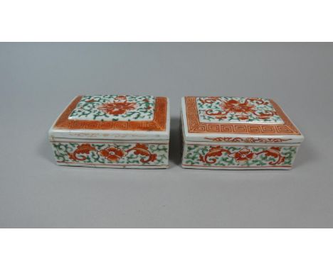 Two Chinese Rectangular Seal Boxes with Covers Decorated with Iron Red and Green Applied Enamels, One Af 