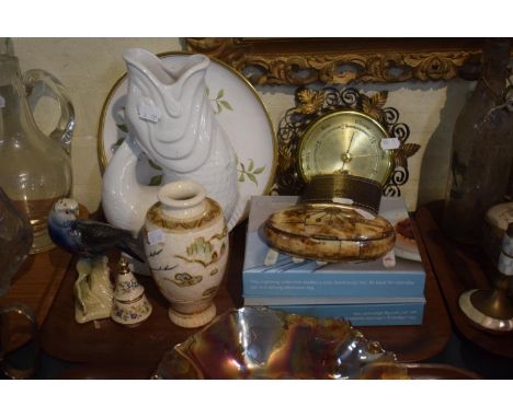 A Tray of Ceramics to Include Dutch Budgie Ornament, Decorated Oriental Vase, Fish Gluggle Jug, Whisky Hip Flask, Brass Barom