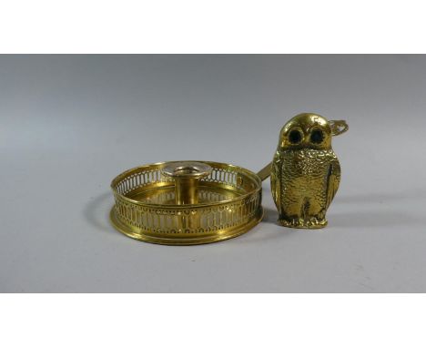 A Pierced and Galleried Brass Bedchamber Candle Stick Together with a Brass Spill Vase in the Form of an Owl with Green Stone