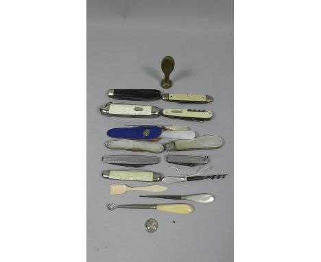 A Box Containing Nine Vintage Pen Knives, Manicure Tools Etc 