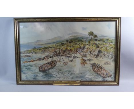 A Framed Print Depicting Colonial Beach Landing, 72cm Wide 