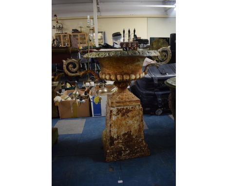 A Cast Metal Circular Two Handled Garden Urn on Plinth Base, 68cm High 